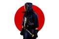 Kendo fighter with bamboo sword inside red moon on white background. Royalty Free Stock Photo