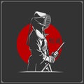 Kendo fighter in traditional clothes. Sport club emblem. Print design for t-shirt.