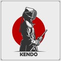 Kendo fighter in traditional clothes. Sport club emblem. Print design for t-shirt.