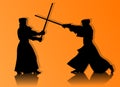 Kendo fighters in traditional clothes silhouette