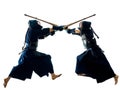 Kendo martial arts fighters silhouette isolated white bacground Royalty Free Stock Photo