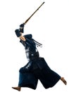 Kendo martial arts fighters woman silhouette isolated white bacg