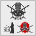 Kendo set. Kendo fighters in traditional clothes silhouette. Sport club emblems. Print design for t-shirt. Royalty Free Stock Photo