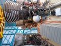 KENNEDY SPACE CENTER, FLORIDA, USA - The engines of the second stage of the Saturn 5 rocket which is exhibited Royalty Free Stock Photo