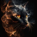 Kennels of muzzle of black cat with orange eyes are dissolving in smoke on black. Fantastic unusual background