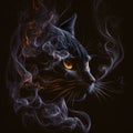 Kennels of muzzle of black cat with orange eyes are dissolving in smoke on black. Fantastic unusual background