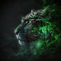 Kennels of muzzle of leopard with green eyes are dissolving in smoke on black. Fantastic unusual background,