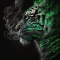 Kennels of muzzle of tiger with green eyes are dissolving in smoke on black. Fantastic unusual background,