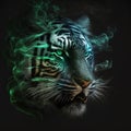 Kennels of muzzle of tiger with green eyes are dissolving in smoke on black. Fantastic unusual background, magical original