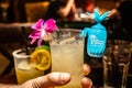 Tropical island beach themed drinks at Bahama Breeze with shot of rum or tequila