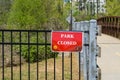 Park closed sign at Cobb County park during mandatory stay at home shelter in place order passed for Covid-19 Corona Virus Royalty Free Stock Photo