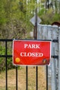 Park closed sign at Cobb County park during mandatory stay at home shelter in place order passed for Covid-19 Corona Virus Royalty Free Stock Photo