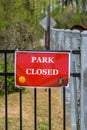 Park closed sign at Cobb County park during mandatory stay at home shelter in place order passed for Covid-19 Corona Virus Royalty Free Stock Photo