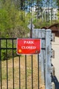 Park closed sign at Cobb County park during mandatory stay at home shelter in place order passed for Covid-19 Corona Virus Royalty Free Stock Photo