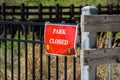 Park closed sign at Cobb County park during mandatory stay at home shelter in place order passed for Covid-19 Corona Virus Royalty Free Stock Photo