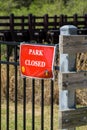 Park closed sign at Cobb County park during mandatory stay at home shelter in place order passed for Covid-19 Corona Virus Royalty Free Stock Photo