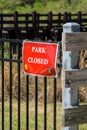 Park closed sign at Cobb County park during mandatory stay at home shelter in place order passed for Covid-19 Corona Virus Royalty Free Stock Photo