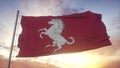 Kent flag, England, waving in the wind, sky and sun background