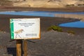 Kentish plover bird reservation sign on the coast under Montana Roja mountain, El Medano, Tenerife, Canary Islands, Spain