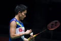 Kento Momota of Japan in action during mens singles badminton tournament