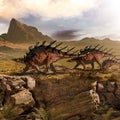 Kentrosaurus dinosaurs marching in prehistoric landscape