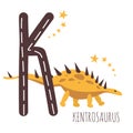 Kentrosaurus.Letter K with reptile name.Hand drawn cute herbivores dinosaur.Educational prehistoric illustration.Dino alphabet.