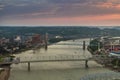 Kentucky, Covington. Night urban landscape of downtown district in USA. Skyline with bridge traffic and brightly Royalty Free Stock Photo