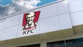 Kentucky Fried Chicken KFC logo on the modern building facade. Editorial 3D rendering