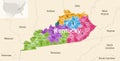 Kentucky state counties colored by congressional districts vector map with neighbouring states and terrotories