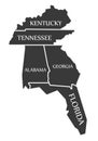 Kentucky - Tennessee - Alabama - Georgia - Florida Map labelled