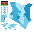 Kenya detailed administrative blue map with country flag and location on the world map.