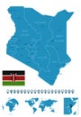 Kenya - detailed blue country map with cities, regions, location on world map and globe. Infographic icons