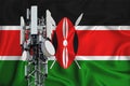 Kenya flag, background with space for your logo - industrial 3D illustration. 5G smart mobile phone radio network antenna base