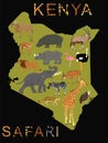 Kenya map safari animals Africa. Kenya safari word, animal skin print over separated letter vector silhouette illustration.
