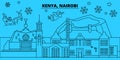 Kenya, Nairobi winter holidays skyline. Merry Christmas, Happy New Year decorated banner with Santa Claus.Flat, outline