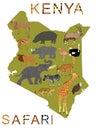 Kenya map safari animals Africa. Kenya safari word, animal skin print over separated letter vector silhouette illustration.