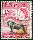 KENYA UGANDA TANGANYIKA - CIRCA 1954: A stamp printed in Kenya Uganda Tanganyika shows a lion and Queen Elizabeth II, circa 1954.