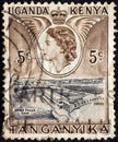 KENYA UGANDA TANGANYIKA - CIRCA 1954: A stamp printed in Kenya Uganda Tanganyika shows Owen falls dam, circ