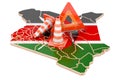 Kenyan map with traffic cones and warning triangle, 3D rendering Royalty Free Stock Photo
