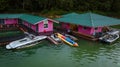 Aerial top view of water chalet resort in Kenyir Lake, Terengganu, Malaysia.