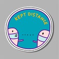 Kept distance achievement pin sticker patch in cartoon comic style people talking in masks