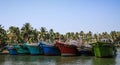 Kerala backwaters, colorful fishing boats, from Kollam to Alleppey, Kerala, India