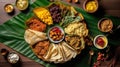 Kerala festival Happy Onam background with traditional food served on banana leaf. ai generated