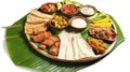 Kerala festival Happy Onam background with traditional food served on banana leaf. ai generated