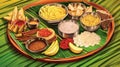 Kerala festival Happy Onam background with traditional food served on banana leaf. ai generated