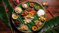 Kerala festival Happy Onam background with traditional food served on banana leaf. ai generated