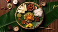 Kerala festival Happy Onam background with traditional food served on banana leaf. ai generated