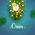 Kerala festival Happy Onam background with traditional food (onasadya) served on banana leaf. Vector illustrationdesign Royalty Free Stock Photo