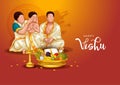 kerala festival Happy Vishu greetings. family watching Vishukani in the day of Vishu.flower, Fruits and vegetables in a bronze Royalty Free Stock Photo