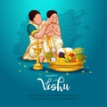 kerala festival Happy Vishu greetings. mother and son watching Vishukani in the day of Vishu.flower, Fruits and vegetables in a Royalty Free Stock Photo